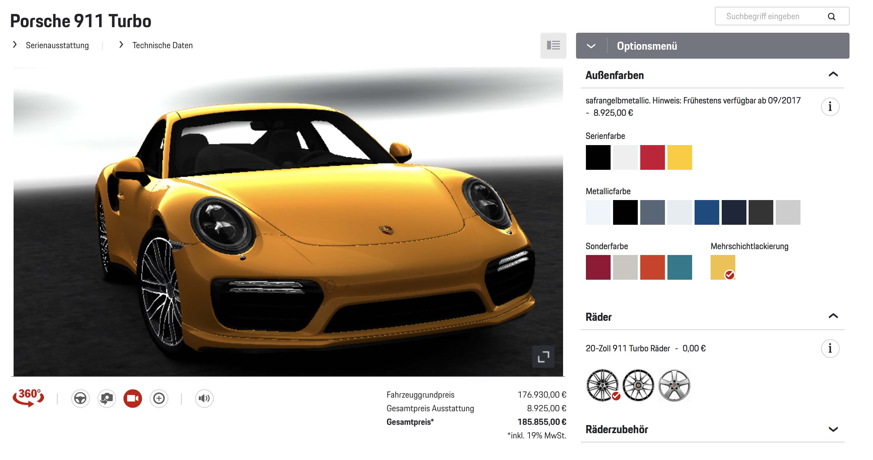 911 Turbo im Car Configurator in Saffran Gelb Metallic - Diese gelbe Lackierung gibt es für 9.000 Euro für Porsche 911 Turbo Modelle